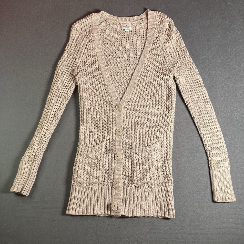 American Eagle Women's Beige Knit Cardigan Button Front Pockets M